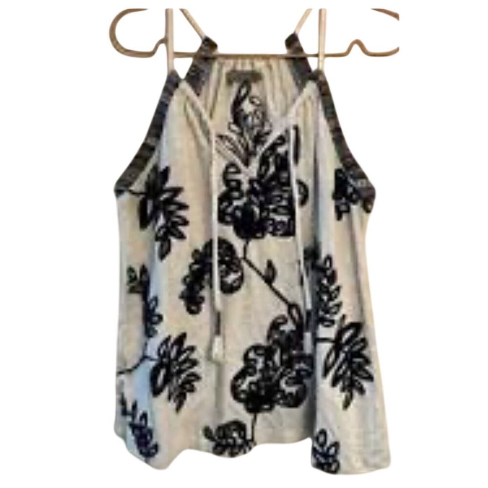 Lucky Brand XS Embroidered Halter Tank Top Cream Black Boho